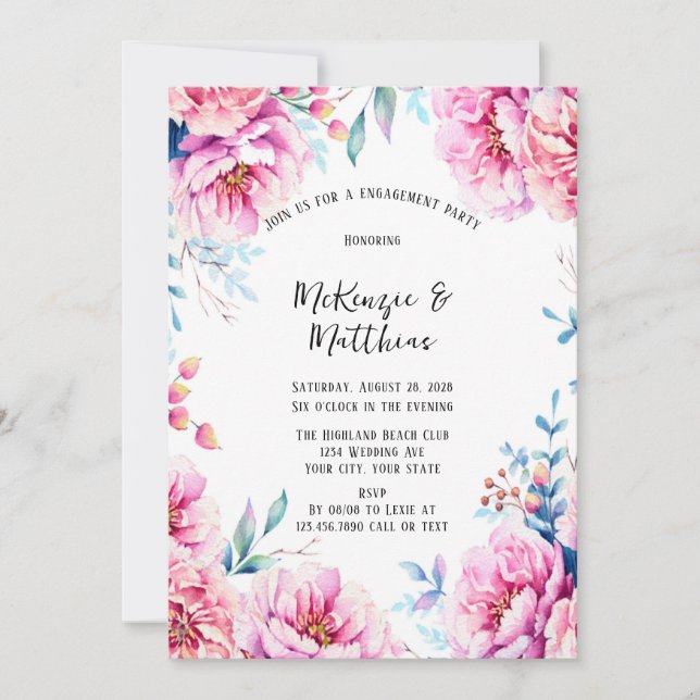 Invitation Pies roses Airy Floral Engagement Party (Devant)