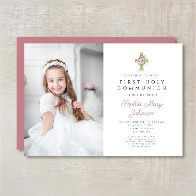 Invitation Pies roses Croix Fille première communion Photo (Pink Peonies Cross Girl First Communion Photo Invitation)