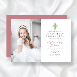 Invitation Pies roses Croix Fille première communion Photo