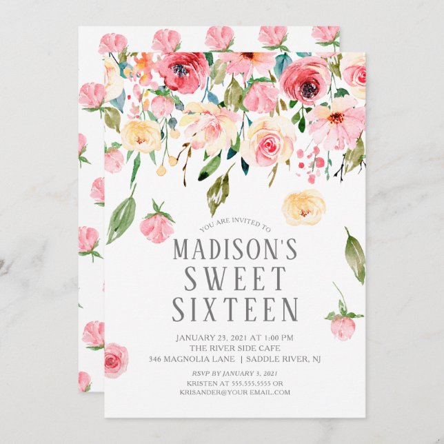 Invitation Pies roses Floral Drop Sweet sixteen Party (Devant / Derrière)