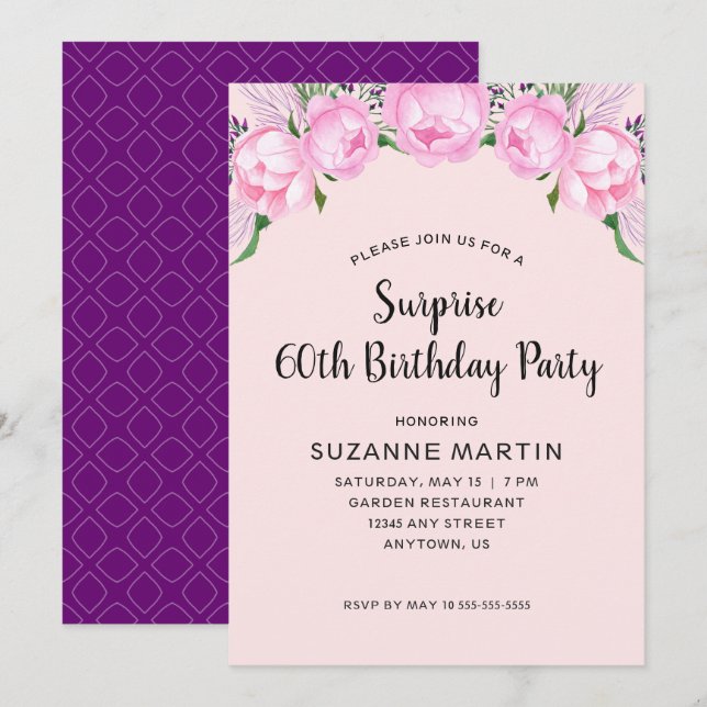 Invitation Pies roses| Surprise 60e anniversaire (Devant / Derrière)