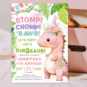 Invitation Piétinez Croquez Rawr! Dinosaure Fille 5ème Annive
