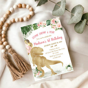 Invitation Piétinez, mâchez, dinosaure de route or rose anniv