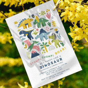 Invitation Piétinez, mâchez, rugissez Dino coloré 3e annivers