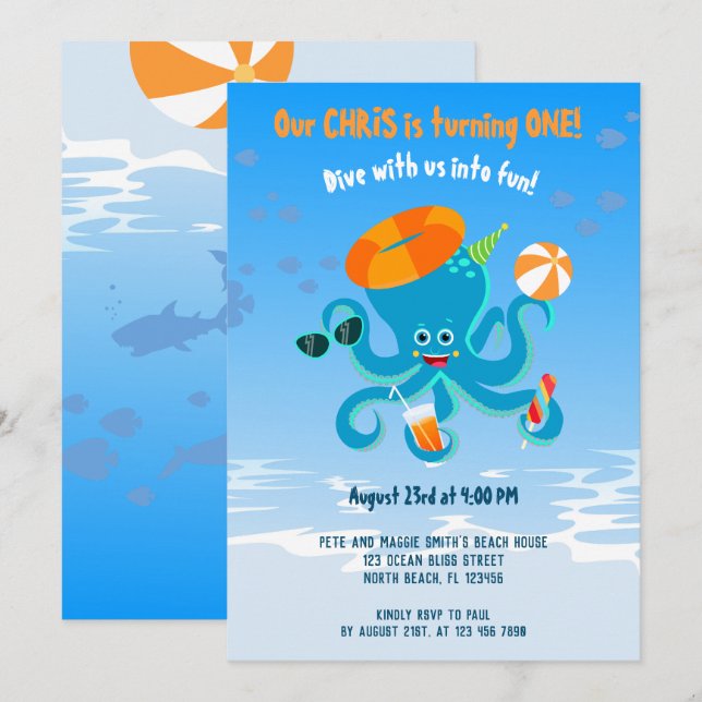 Invitation Pieuvre Bleue Sous la Mer Fête d'anniversaire de g (Devant / Derrière)