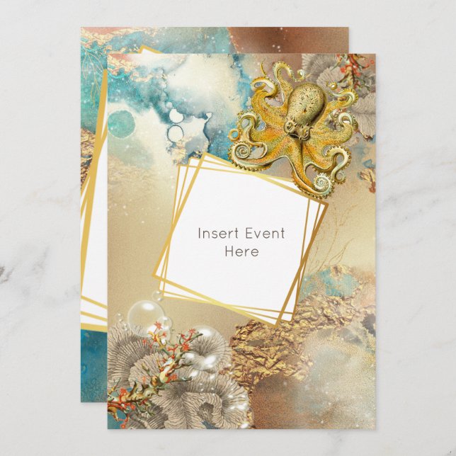 Invitation Pieuvre récif de corail aquarelle marin nautique (Devant / Derrière)