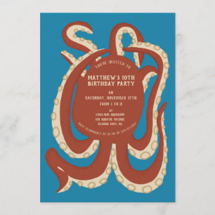 Invitation Pieuvre rouge brique sous le Sea Party