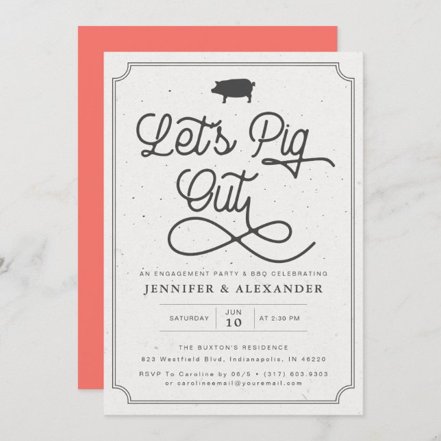 Invitation Pig Out Coral I Do BQ Engagement Party (Devant / Derrière)