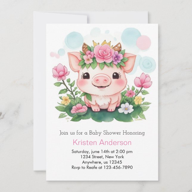 Invitation Piggy mignonne et Baby shower fille Fleur sauvage (Devant)