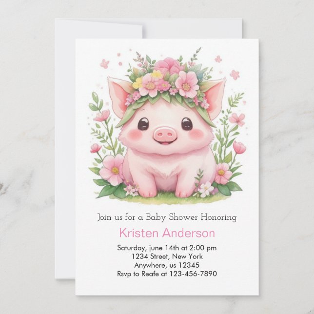 Invitation Piggy rose Whimsical Farm Baby shower fille (Devant)