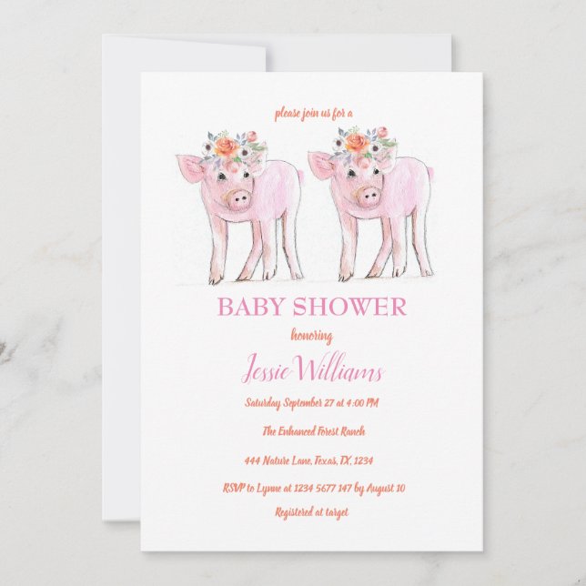Invitation Piggy Twins Baby shower Piglet Girl Farm Animaux (Devant)