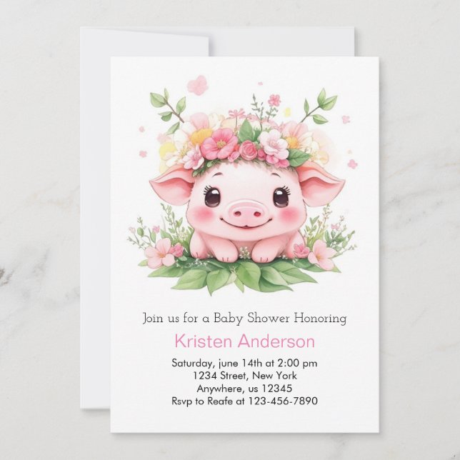 Invitation Piglet Adventure Attend Pink Farm Girl Baby shower (Devant)