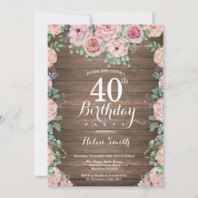 Invitation Pignons rose floral rustique 40e anniversaire (Devant)