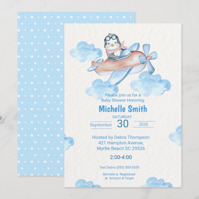 Invitation Pilote de pingouin blanc à l'aquarelle fine (Devant / Derrière)