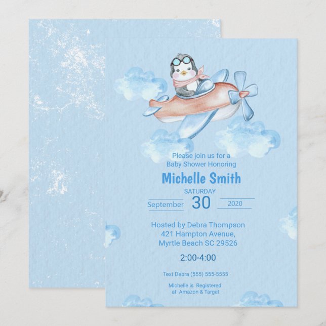 Invitation Pilote de pingouin bleu à l'aquarelle (Devant / Derrière)