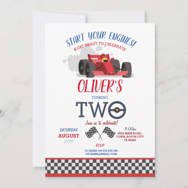 Invitation Pilote de voiture de course Deux piste 2d Annivers (Devant)