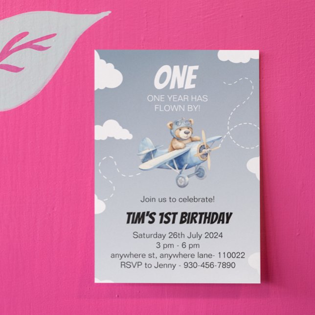 Invitation Pilote d'ours à plan mignon 1er appel d'anniversai (cute airplane 1st birthday card)