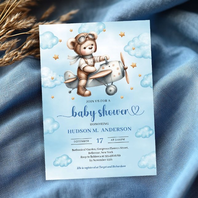 Invitation Pilote Ours en Peluche Moderne Bleu Marron Garçon  (Modern Teddy Bear Pilot Blue Brown Boy Shower Invitation

)