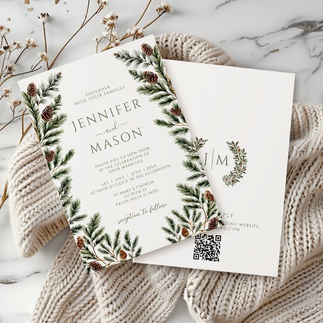 Invitation Pin d'hiver rustique cônes Boho Mariage QR (Créateur téléchargé)