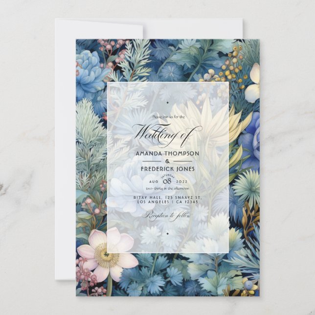Invitation Pin, laiton et Pastel Blue Floral Mariage d'hiver (Devant)