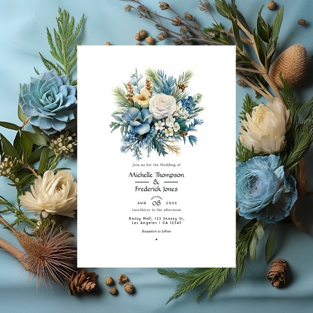 Invitation Pin, laiton et Pastel Blue Floral Mariage d'hiver (Créateur téléchargé)