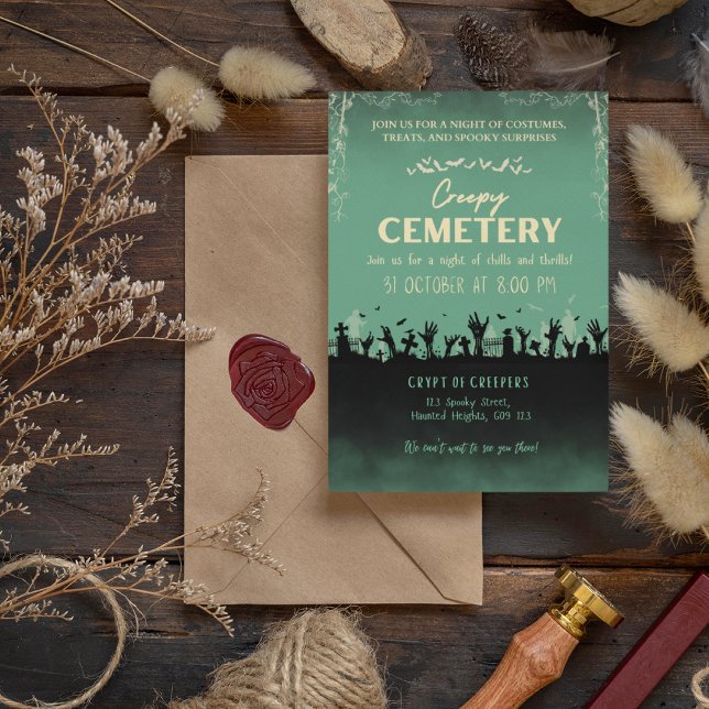 Invitation Pin poli au cimetière déplaisant avec accentuation (Creepy Cemetery Polished Pine with Blond Accent Invitation Cover from The Beekeeper Store)
