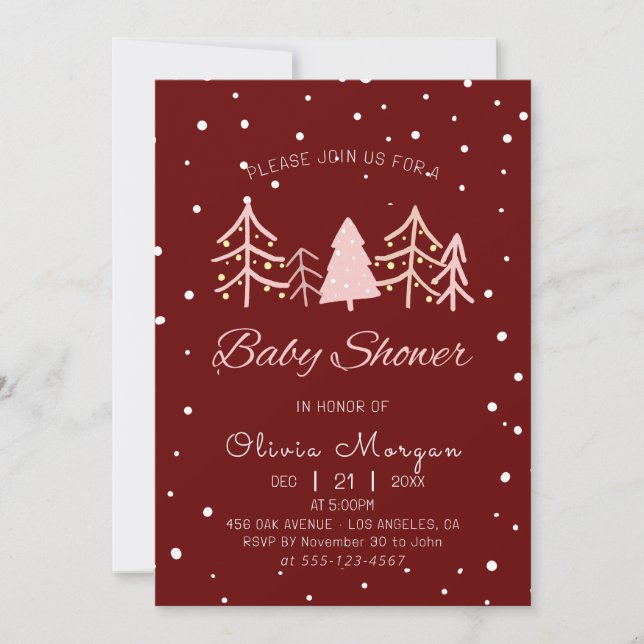 Invitation Pin rose neige hiver Red Girl Baby shower (Devant)