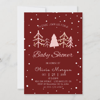 Invitation Pin rose neige hiver Red Girl Baby shower