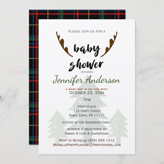 Invitation Pin rustique et Baby shower Antler (Devant / Derrière)