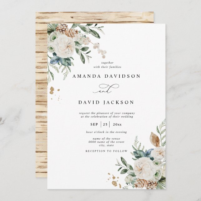 Invitation Pin rustique naturel vert et Mariage de baies roug (Devant / Derrière)