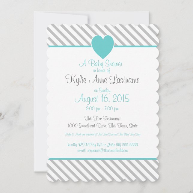 Invitation Pin Stripes et Heart Grey et Aqua (Devant)