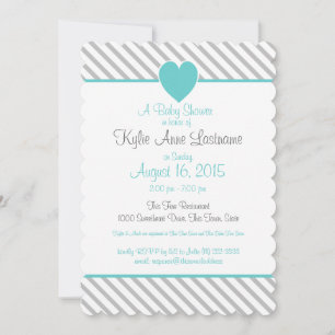 Invitation Pin Stripes et Heart Grey et Aqua