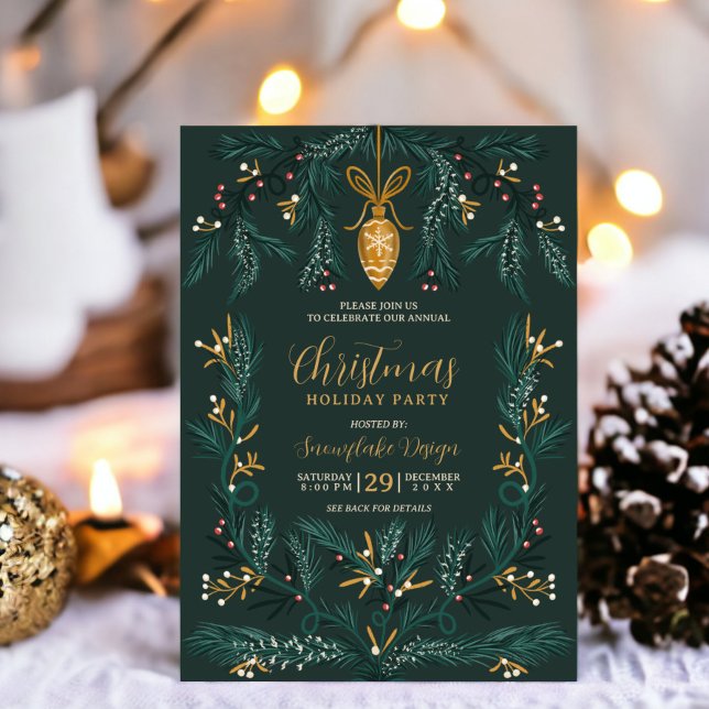 Invitation Pin vert illustration or entreprise Noël (Green pine illustration gold corporate Christmas Invitation)