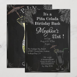 Invitation Piña Colada Cocktail Vintage Chalk 21e anniversair