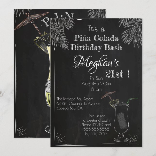 Invitation Piña Colada Cocktail Vintage Chalk 21e anniversair (Devant / Derrière)