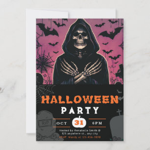 Invitation Pince rose et noire faucheuse squelette Halloween