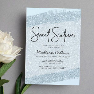 Invitation Pinceau Bleu Clair Paillettes Sweet 16
