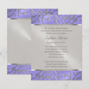 Invitation Pinces Filigree d'Argent Violet Quinceanera
