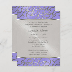 Invitation Pinces Filigree d'Argent Violet Quinceanera