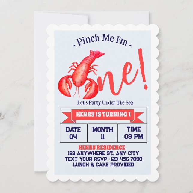Invitation Pinch Me, I'm One Lobster Boy 1st Birthday Party (Devant)