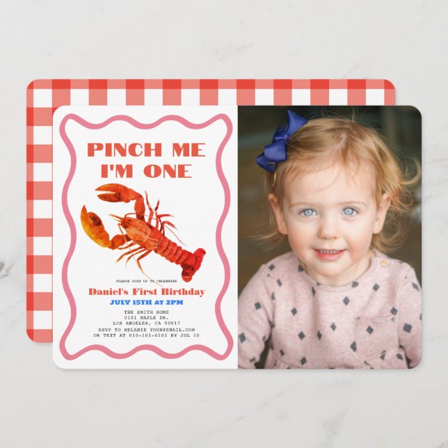 Invitation Pinch Me Retro Crawfish Photo 1er anniversaire (Devant / Derrière)