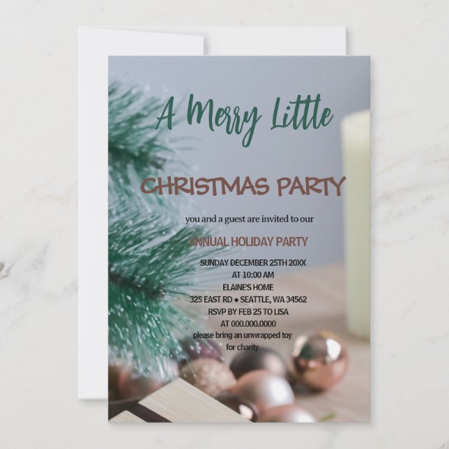 Invitation pine and Ornaments Merry Little christmas party  (Devant)