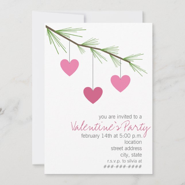 Invitation Pine Bough & Pink Hearts Valentine's Party Invitat (Devant)