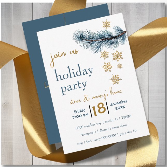 Invitation Pine Branch et Gold Snowflakes (Modern holiday party invite with gold snowflakes and pine branch you can customize. )