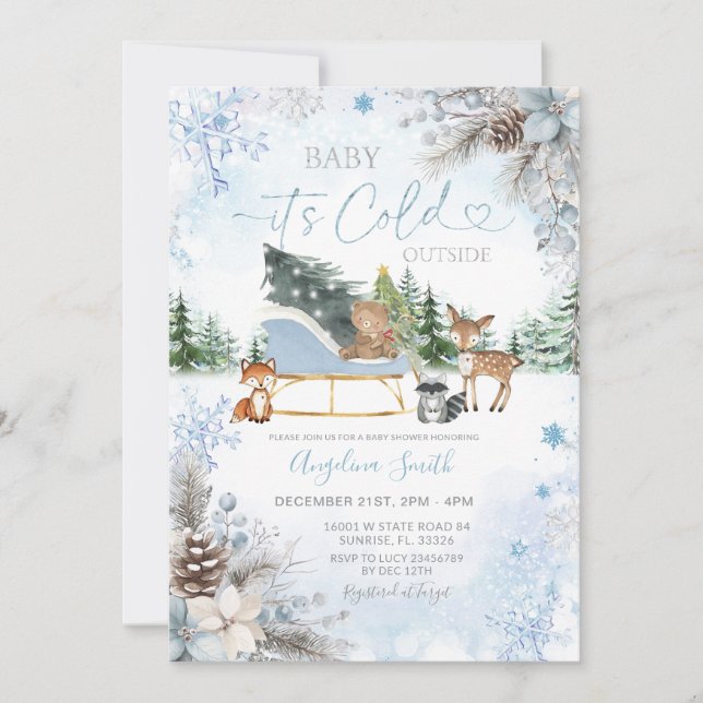 Invitation Pine cones Blue Snowflake Truck Baby Shower (Devant)