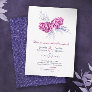 Invitation Pine cônes dessin art bleu prune mariage d'hiver
