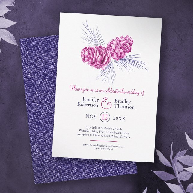 Invitation Pine cônes dessin art bleu prune mariage d'hiver (Créateur téléchargé)
