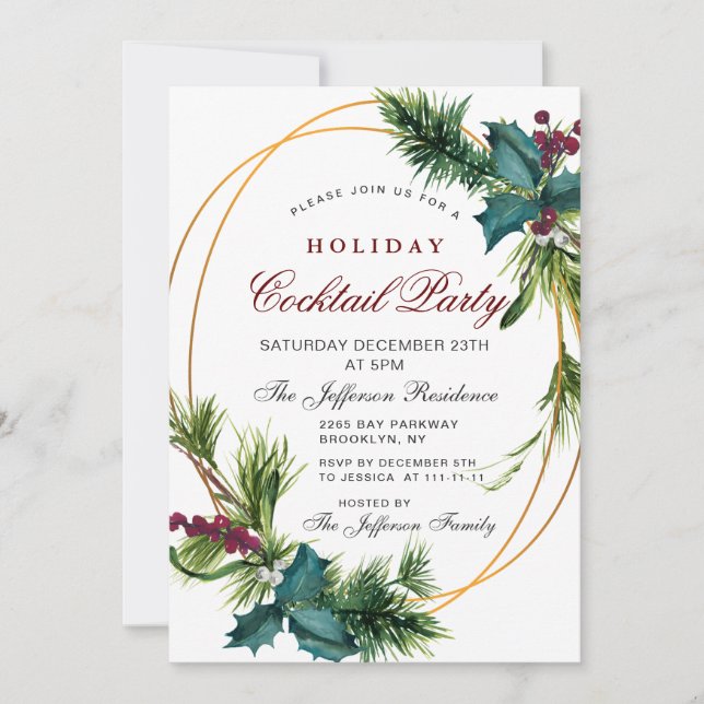 Invitation Pine Cones Holly Noël Fête Cocktail (Devant)