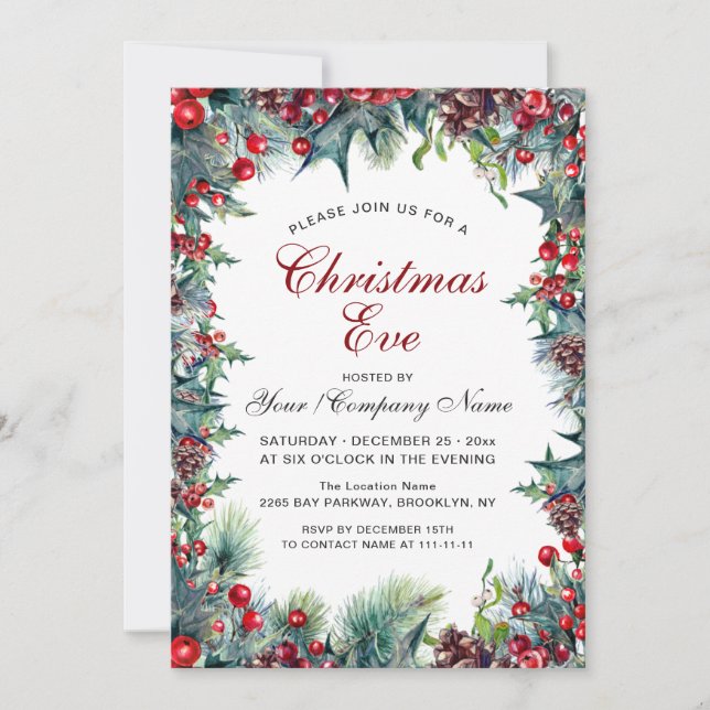 Invitation Pine Cones Holly Wreath Christmas Eve Party (Devant)