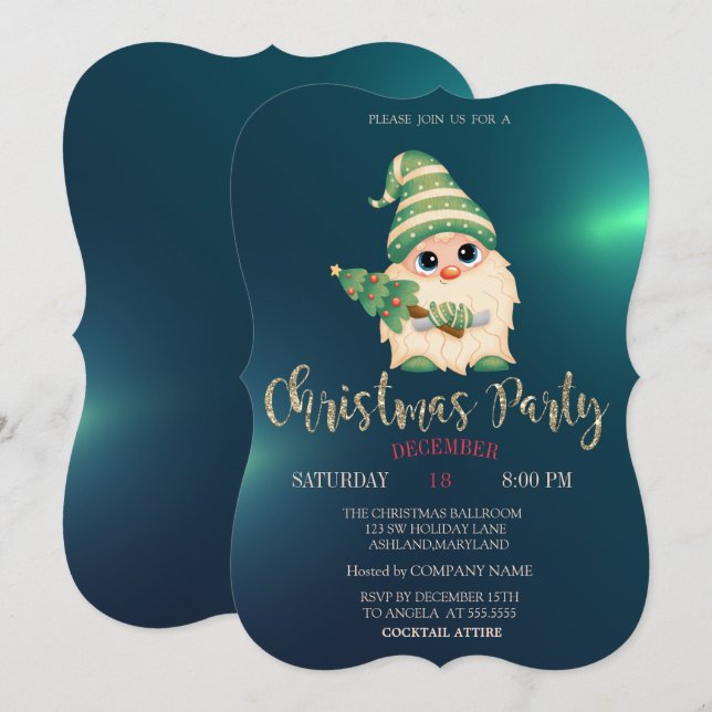 Invitation Pine de Gnome, Green Christmas Company Party (Devant / Derrière)